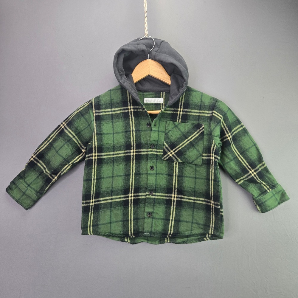 Zara Boys Flannel Shirt Hooded Plaid Button Up Size 6 Green Iconic Days Graphic